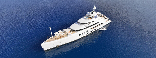 Aerial drone ultra wide panoramic photo with copy space of luxury yacht with wooden deck anchored...