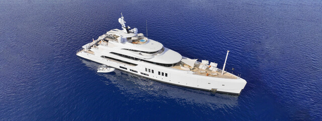 Aerial drone ultra wide top down photo with copy space of luxury yacht with wooden deck anchored in...