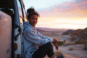 Road trip. Woman sitting near van van parked at a picturesque desert vista.