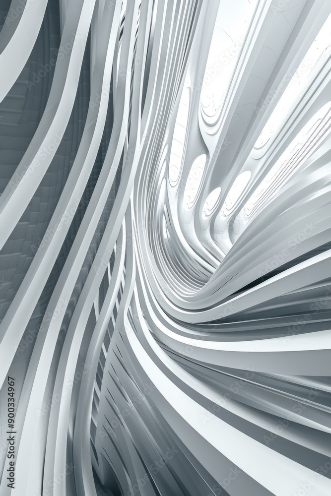 Poster a black and white photograph of a futuristic building architecture, ideal for use in designs related