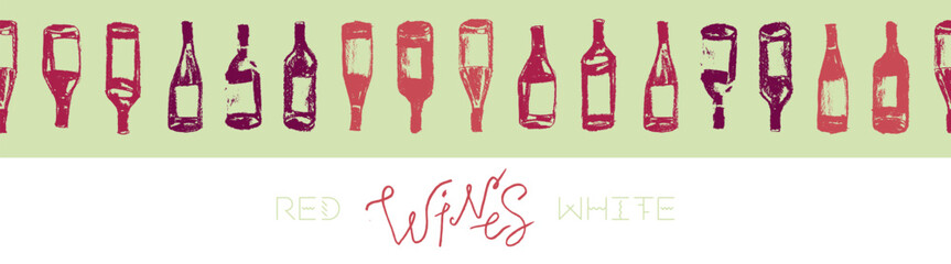 Wine bottles pattern seamless. Hand-drawn coal sketches of red wines and white wines in vector. Winery frame design, grape alcohol pattern.