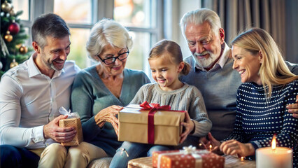 Obraz premium Merry Christmas and Happy Holidays! Cheerful family of three generations are exchanging gifts and smiling while sitting on sofa at home.