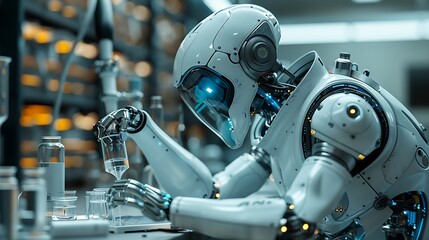 Fototapeta premium A white robot conducts an experiment in a laboratory.