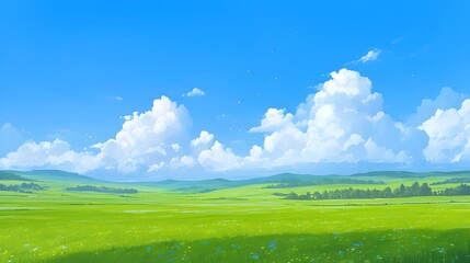Obraz premium Green Meadow with Blue Sky and White Clouds.