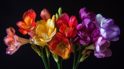 Obraz premium Freesia: Featuring a delightful scent and vibrant colors, freesias symbolize friendship and trust, often adorning bouquets and arrangements with their cheerful presence. 
