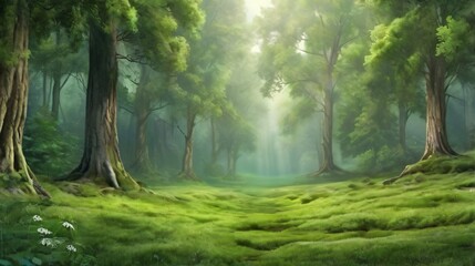 Naklejka premium Sunbeams dance through misty morning woods, painting golden hues on emerald leaves