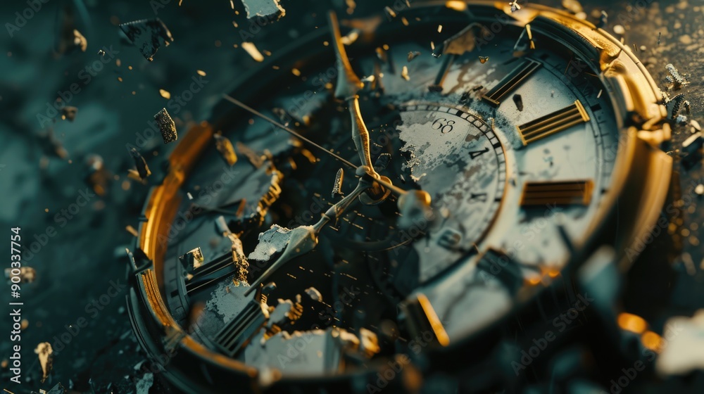 Poster A broken clock sits atop a table, surrounded by unknown objects