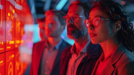 Obraz premium Three people in a dimly lit room, lit by neon lights, looking at a digital screen, the woman is in focus.