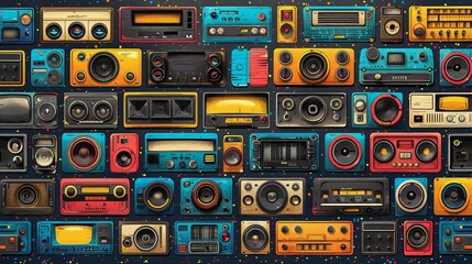 Obraz premium vector, illustration, Set of Groovy square posters, funky seamless pattern, 70s-90s stickers . Retro print with hippie motivational slogan. Crazy characters of old technologies, fun symbols