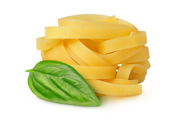 Pasta and basil leaf on isolated white background.