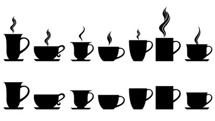 Set of coffee and tea cups. Simple Illustrated Tea Cup Design Template. Cup set silhouette design elements isolated on white background. Menu for restaurant, cafe, bar, coffee shop, tea-house.  Vector
