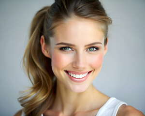 Naklejka premium A close-up portrait of a young woman with light brown hair pulled back in a ponytail, smiling brightly. Her skin is fair and glowing, and her teeth are white and bright, copy space