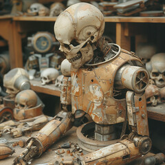 Steampunk robot skeleton in mechanical workshop.