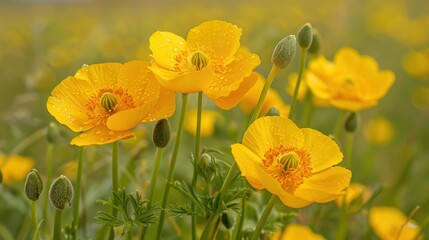 Obraz premium Buttercup: With their bright, joyful blooms, buttercups represent childishness and cheerfulness. They add a splash of color to meadows and garden landscapes. 