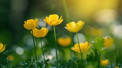 Obraz premium Buttercup: Known for their vibrant, cheerful petals, buttercups symbolize playfulness and happiness, adding a touch of brightness to meadows and gardens. 
