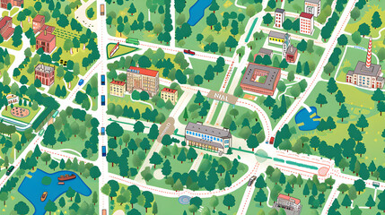 Obraz premium Detailed urban map showing important landmarks and attractions in a bustling neighborhood environment.