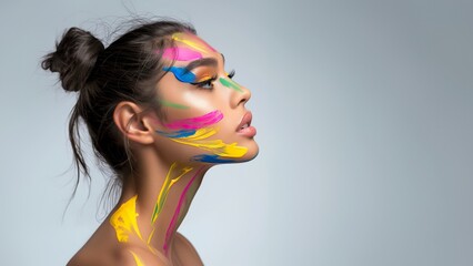 Naklejka premium Schöne Gesichtsaufnahme mit Farben eines Modells im künstlerischen Farbenfrohen Stil