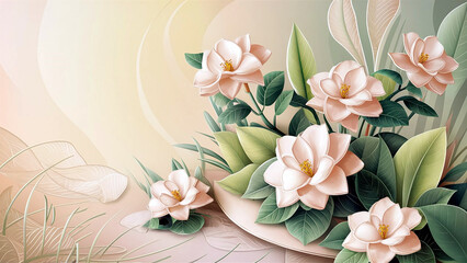 Minimalist white gardenia flowers with a soft green garden background, perfect for luxury wedding greeting cards and formal themes. 