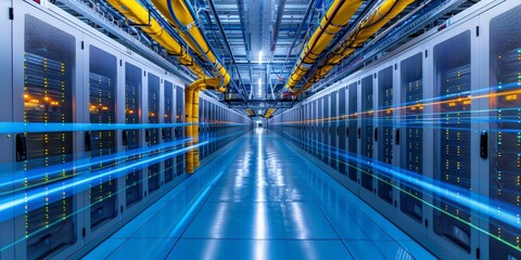 Obraz premium High-Tech Data Center with Interactive Network Visualization