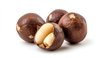 A handful of macadamia nuts in their shells. The nuts are round and brown, and the shells are hard and brown.