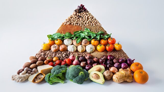 l food pyramid chart with different food groups arranged in layers, set against a white background to represent nutritional balance and healthy eating.