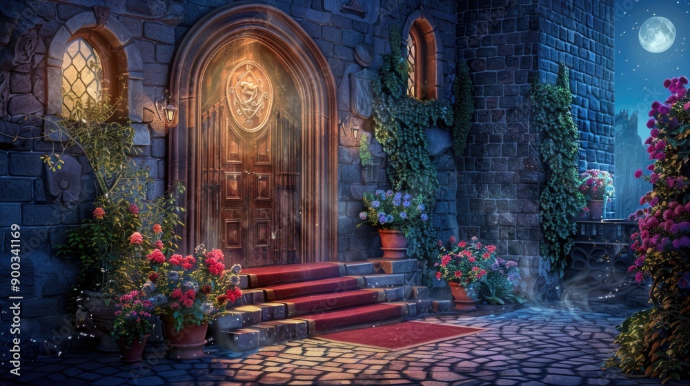 Poster a stone building with a door and steps leading to it