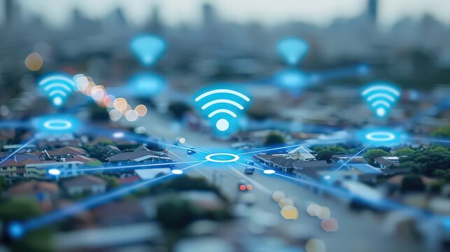 Display a map with WiFi network symbols indicating various hotspots, set against a white background to represent coverage and connectivity in different areas.