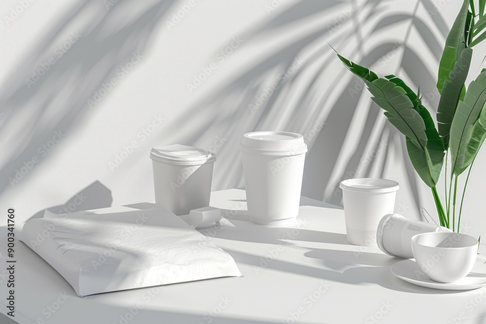 Poster a simple table setting with cups and a small plant, ideal for a coffee break or study space