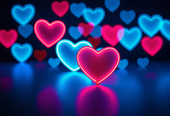 light neon bokeh valentine background blue hearts high resolution high details vibrant