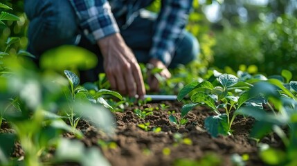 Close-up of Farmer Tending Young Plants in a Garden