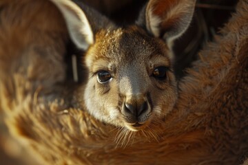 Fototapeta premium close up of kangaroo with baby, baby kangaroo peeking out from its mother's pouch