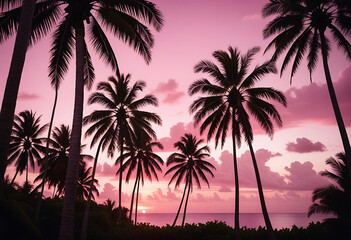 surreal tropical sunset pink hues palm trees high resolution high details vibrant
