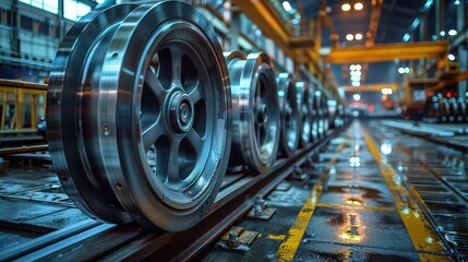 Naklejka premium Steel train wheels lined up in a factory, highlighting the industrial process of manufacturing and the precision of engineering.