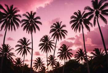 Obraz premium surreal tropical sunset pink hues palm trees high resolution high details vibrant