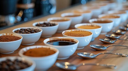 Fototapeta premium scene from a coffee tasting event, with different coffee cups lined up, spoons, and tasting notes, highlighting the diverse flavors and aromas of various coffee blends.