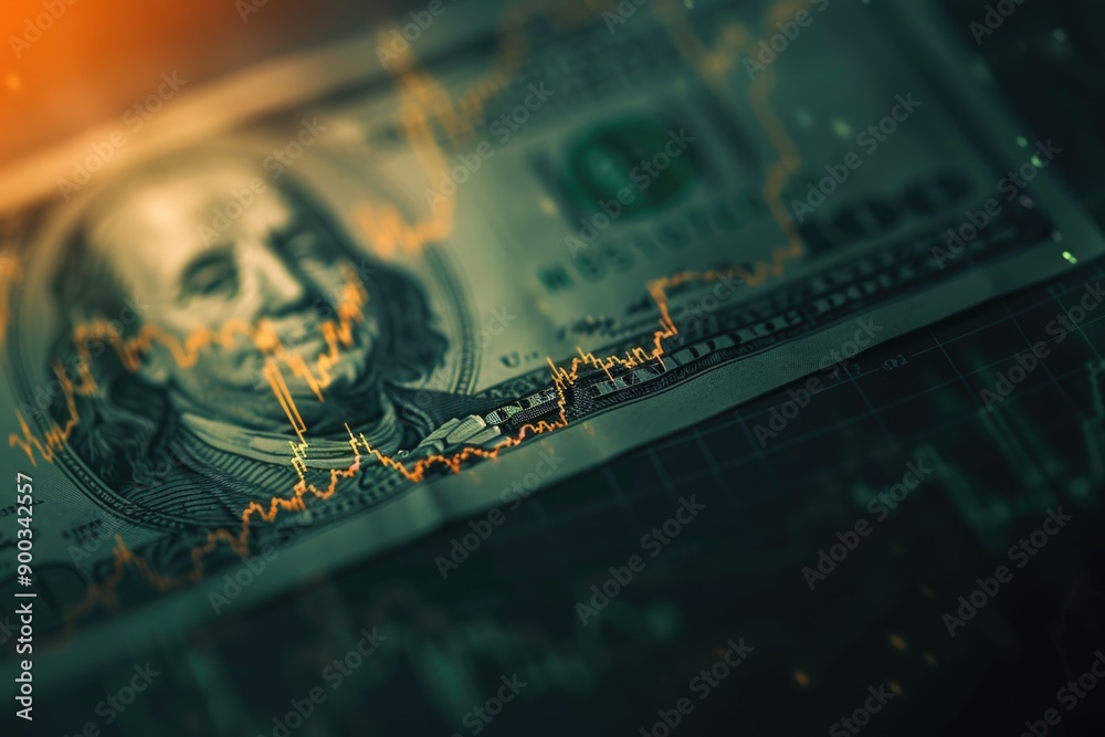 Poster a detailed view of a dollar bill with a line graph printed on it, great for financial or economic co
