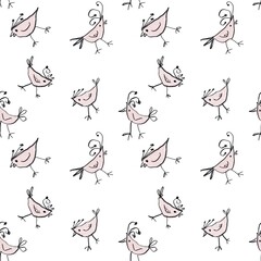 Seamless abstract pattern with birds. Black, pink, white. Brush strokes texture. Illustration. Design for textile fabrics, wrapping paper, background, wallpaper cover.