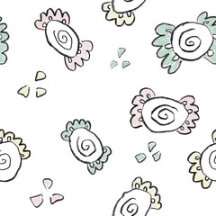 Seamless abstract floral pattern. Black, pink, green, yellow, white. Illustration. Ethnic texture. Candies, meanders. Design for textile fabrics, wrapping paper, background, wallpaper, cover.