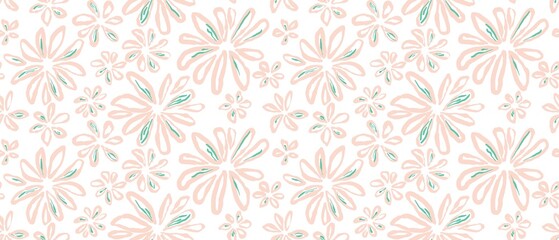 Seamless abstract botanical pattern. Simple background with green, beige, white texture. Digital brush strokes. Flowers. Design for textile fabrics, wrapping paper, background, wallpaper, cover.