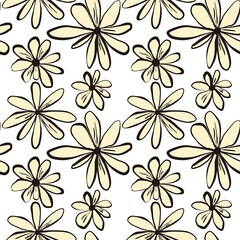 Seamless abstract botanical pattern. Simple background with black, yellow, white texture. Digital brush strokes. Flowers. Design for textile fabrics, wrapping paper, background, wallpaper, cover.