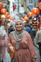 Fototapeta premium A Woman in a Hijab Smiling in a Busy City Street