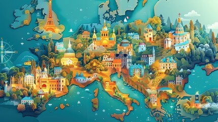  beautifully illustrated map of Europe highlighting famous landmarks and cultural icons from various countries in a vibrant, artistic style.