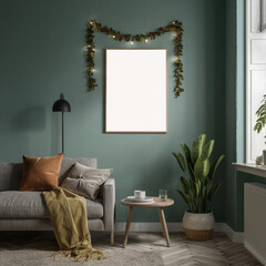 Mockup of a painting or poster hanging on the wall in a modern stylish interior.
