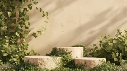 Tranquil Outdoor Scene with Stone Pedestals and Greenery