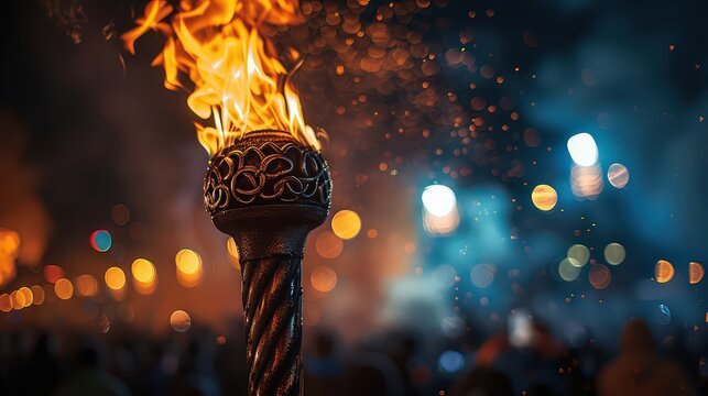 powerful photo of an Olympic torchbearer holding a lit torch with the Olympic rings in the background, symbolizing the passing of the Olympic spirit.