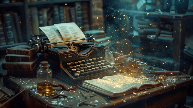 Photo 1 Description:
An antique typewriter and an open book on a cluttered wooden desk, surrounded by old books and glass bottles. The scene is lit with a mystical glow, with sparks and floating parti