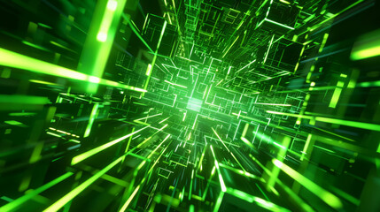 A digital space with green lines and squares glowing in the dark