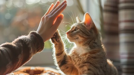 playful photo of a person high-fiving their dog or cat, with the pets paw raised, capturing a cute and affectionate interaction between them.