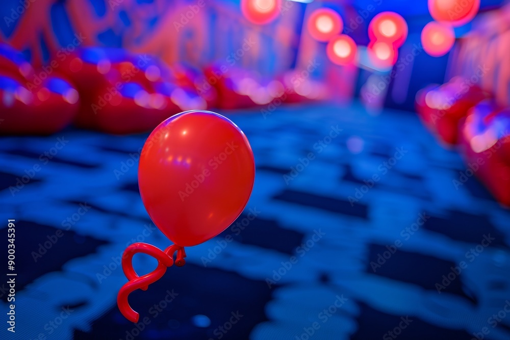 Poster red balloon floating in the air with string attached to it, balloon animal leads the way through carnival maze
