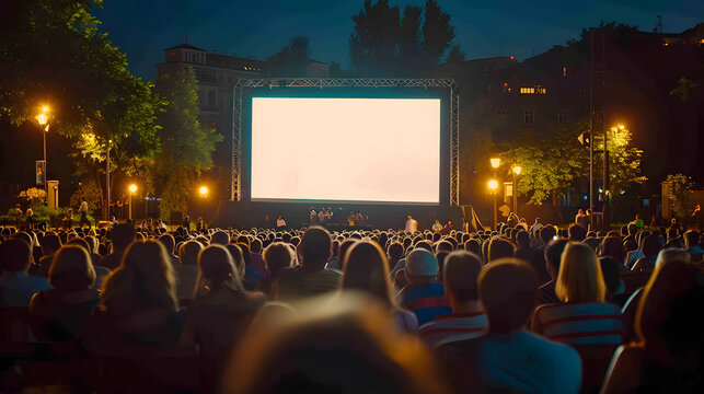Open air cinema in city park with retro seating, surrounded by trees, under night sky.